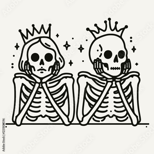 Two regal skeletons, one male and one female, with crowns resting on their heads, gazing thoughtfully, surrounded by sparkles.