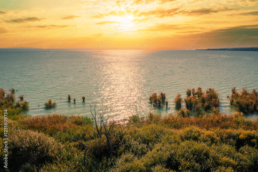 Sunset over Lake Balaton. View from Tihany peninsula near Sajkod