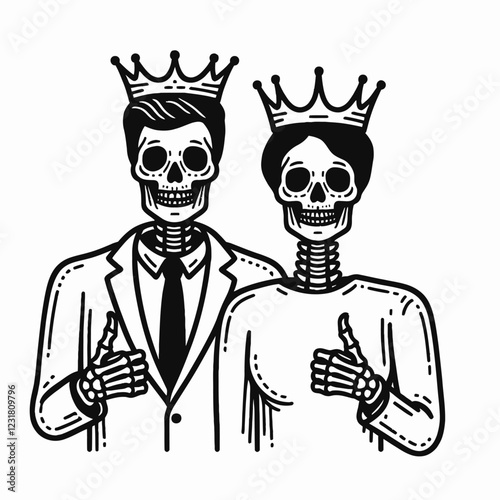 A whimsical illustration of a king and queen skeleton giving thumbs up, combining themes of royalty and the Day of the Dead.