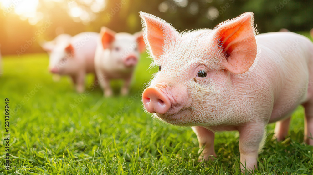 Three adorable pigs roam freely in a lush green field, basking in the warm sunlight, showcasing their playful and curious nature. Three adorable pigs roam freely in a lush green field, basking in the warm sunlight, showcasing their playful and curious nature.