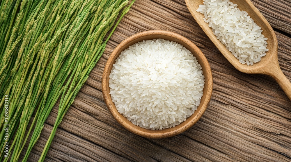 Organic White Rice in Wooden Bowl and Spoon with Rice Paddy Stalks High Resolution Food Organic White Rice in Wooden Bowl and Spoon with Rice Paddy Stalks High Resolution Food