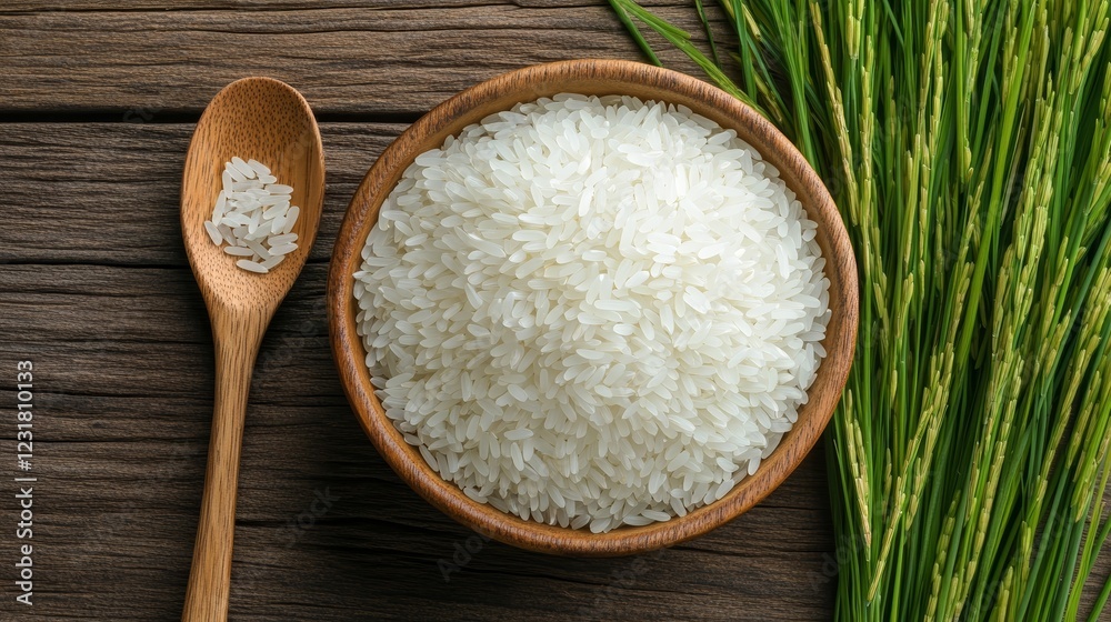 Aromatic White Rice in Wooden Bowl and Spoon with Paddy Rice Stalks High Resolution Food Aromatic White Rice in Wooden Bowl and Spoon with Paddy Rice Stalks High Resolution Food