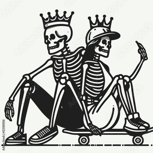 Two crowned skeletons sit back-to-back on a skateboard, exuding a playful and rebellious vibe with a touch of whimsy and coolness.