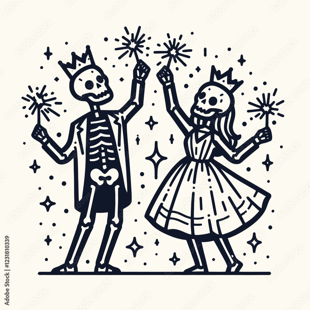 Fototapeta premium A whimsical illustration of skeletons in crowns, celebrating with sparklers, embodying a festive and playful spirit.