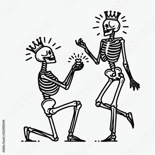 A playful illustration of two skeletons, one proposing to the other with a ring, both adorned with crowns, celebrating love in a whimsical manner.