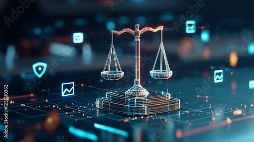 Digital justice scales symbolizing law and technology integration