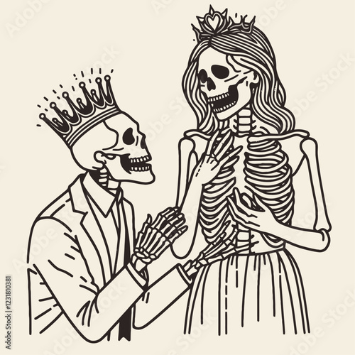 A whimsical illustration of a skeleton couple, with a crowned skeleton male proposing to a skeletal bride adorned in a gown.