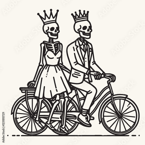 A whimsical illustration of two skeletons wearing crowns, riding a bicycle together, symbolizing love and adventure in a playful, artistic style.