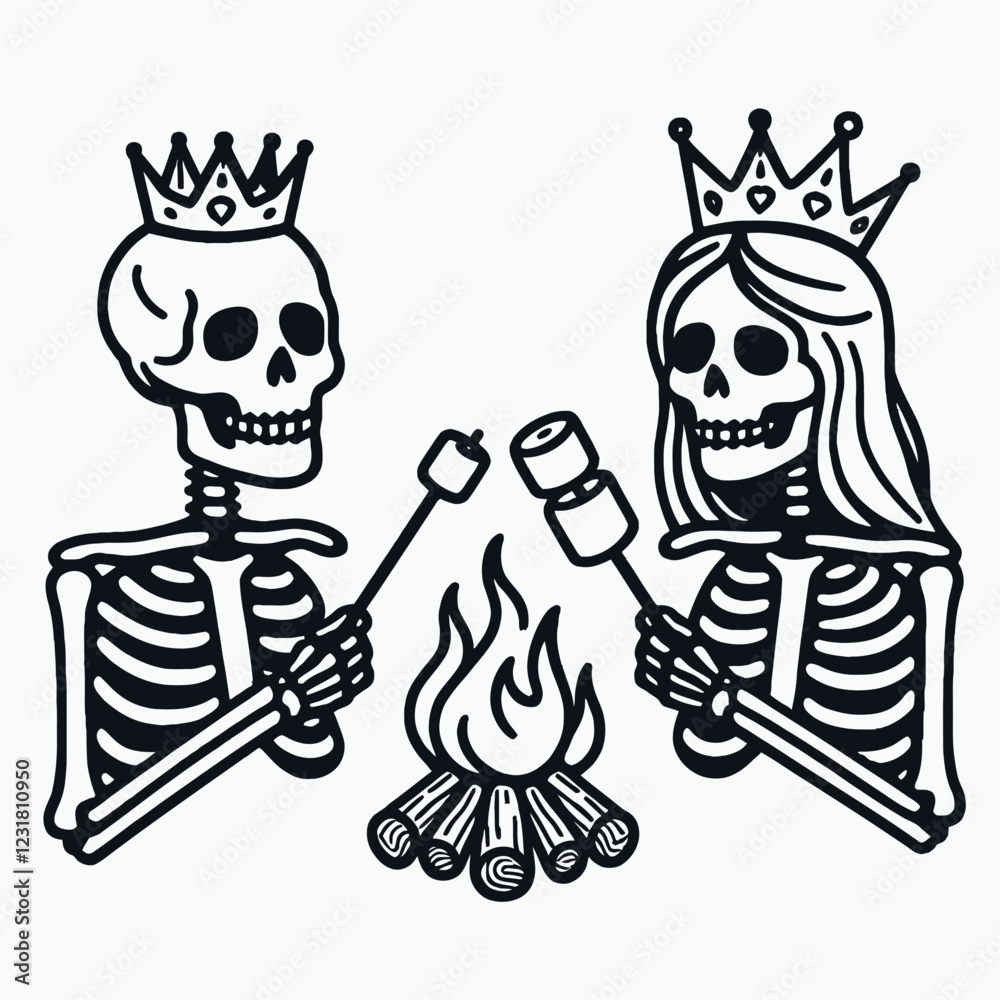 A playful illustration of two skeletons, a king and queen, roasting marshmallows over a campfire, blending humor with a spooky theme. A playful illustration of two skeletons, a king and queen, roasting marshmallows over a campfire, blending humor with a spooky theme.