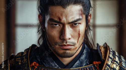 Asian warrior in traditional samurai armor. Perfect for historical drama and martial arts themes.