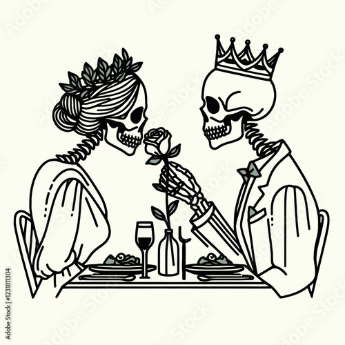 A romantic dinner scene featuring skeletons, one wearing a crown and the other a floral crown, sharing a rose amid a table setting.