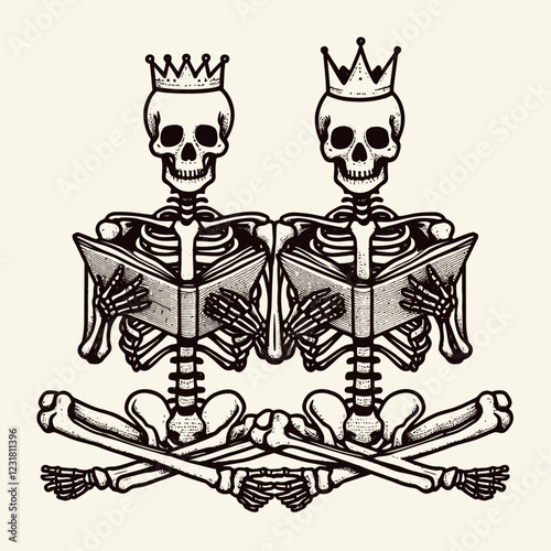 Two crowned skeletons sit cross-legged, reading books, combining elements of humor and macabre in a playful design.