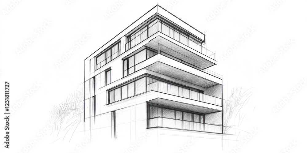 Architectural Sketch of Modern Apartment Building Design Architectural Sketch of Modern Apartment Building Design