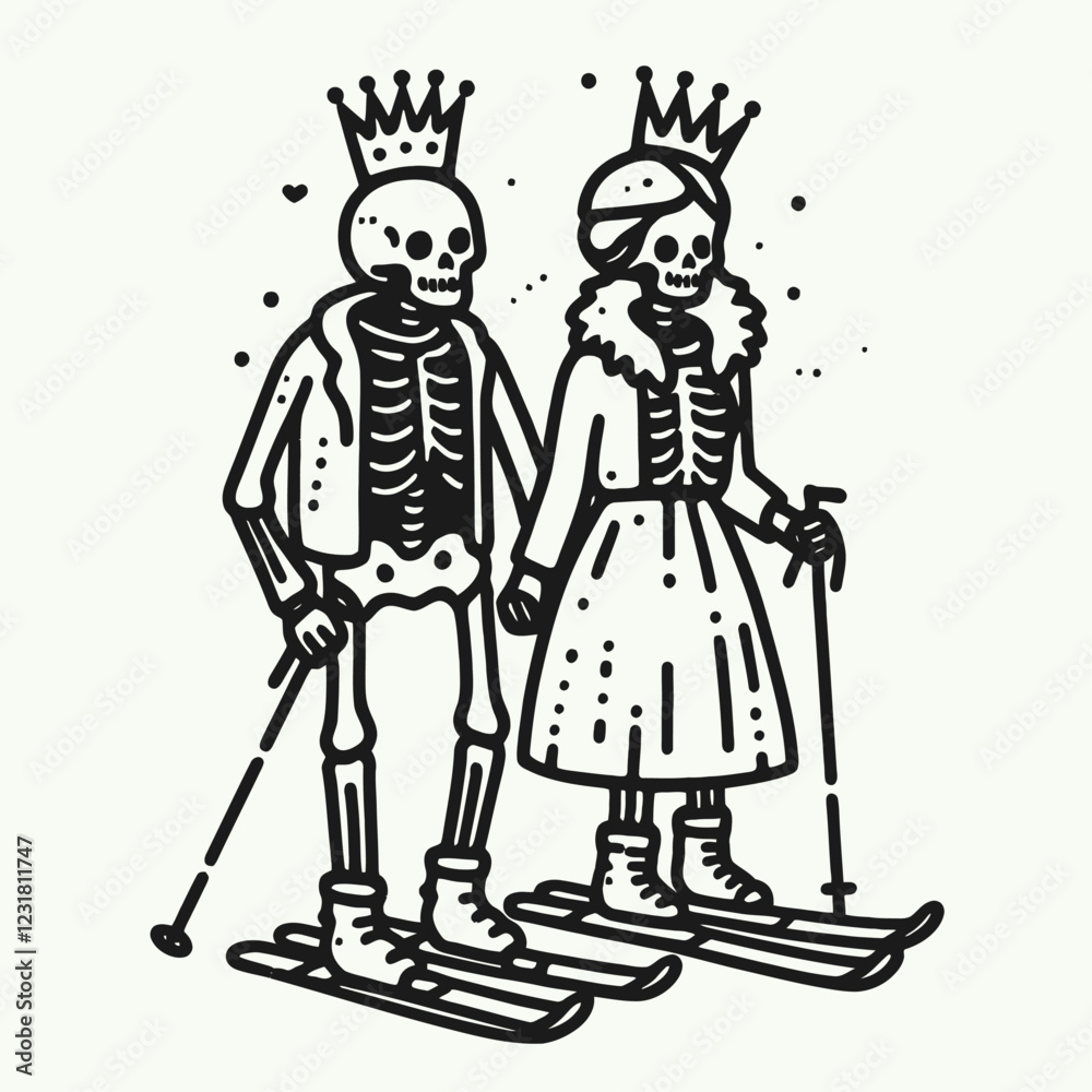 A whimsical illustration of two skeletons wearing crowns, skiing together, showcasing a playful take on winter sports and romance.