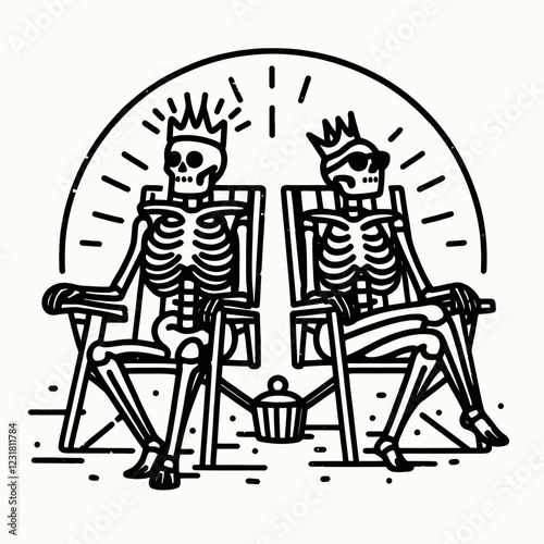 Two skeletons wearing crowns and sunglasses relax on beach chairs, enjoying a sunny day, embodying a fun, carefree vibe.