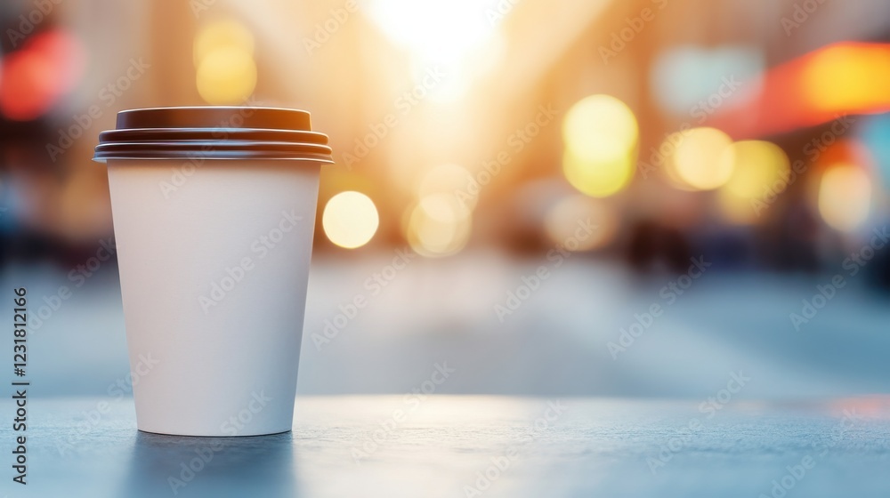 A coffee cup sits on a table, bathed in warm sunlight, with a blurred urban background, evoking a peaceful morning vibe. A coffee cup sits on a table, bathed in warm sunlight, with a blurred urban background, evoking a peaceful morning vibe.