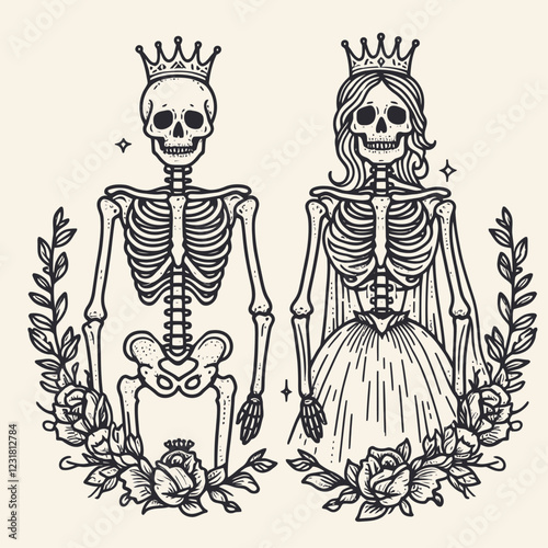 A whimsical illustration of a skeleton couple adorned with crowns, surrounded by roses, symbolizing love and the celebration of life and death.