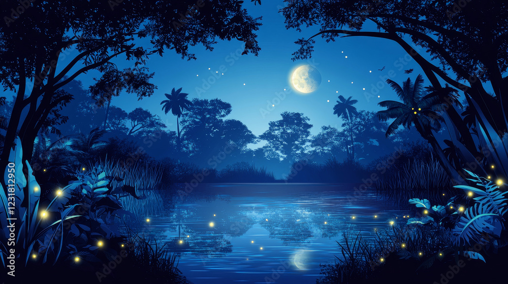 Night jungle forest with swamp vector background. Magic game landscape with water in lake, dark tree, spooky firefly and mystic enchanted environment scenery. Plants silhouette above moonlight ray Night jungle forest with swamp vector background. Magic game landscape with water in lake, dark tree, spooky firefly and mystic enchanted environment scenery. Plants silhouette above moonlight ray