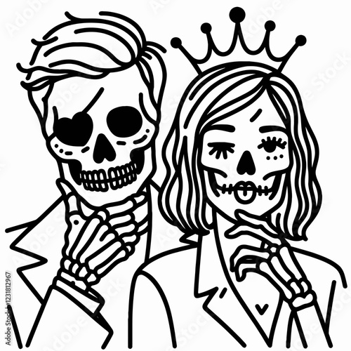 A playful illustration of a skeleton couple, featuring a man with an eyepatch and a woman wearing a crown, in a whimsical style.