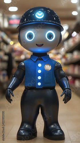 Wallpaper Mural Friendly robot character wearing a blue uniform with a black helmet standing in a well-lit indoor store aisle surrounded by shelves of various products. Torontodigital.ca