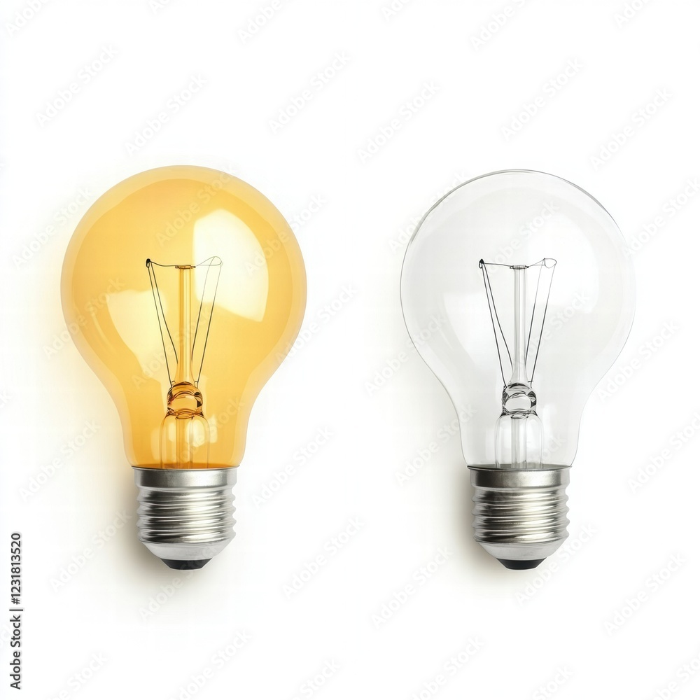 Two light bulbs, one yellow and one white, are shown side by side Two light bulbs, one yellow and one white, are shown side by side
