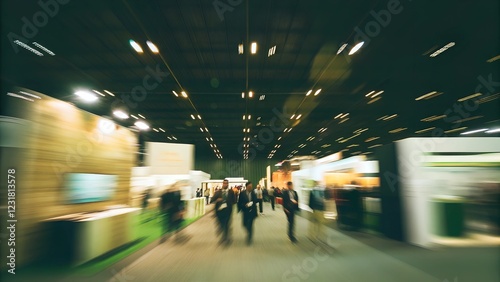 Busy trade fair with a sea of booths and blurry business people
