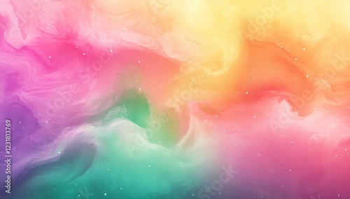 A colorful, swirling background with a rainbow and stars