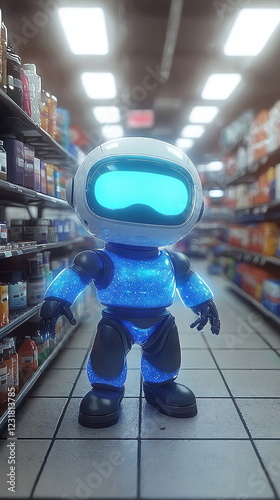 Wallpaper Mural Small robotic figure with glowing blue accents standing in a brightly lit store aisle surrounded by shelves full of various colorful products and items. Torontodigital.ca