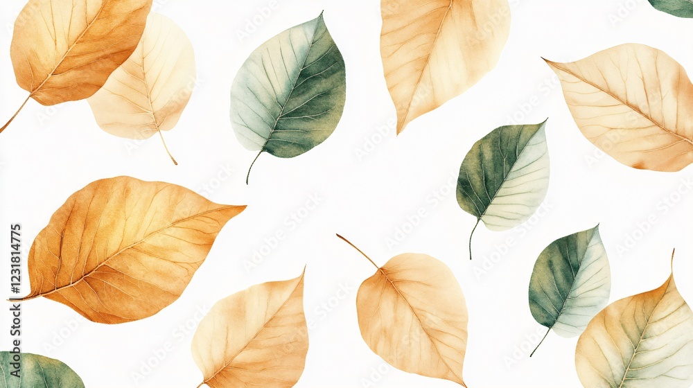 Fototapeta premium Vibrant Close-Up of Dried Golden and Green Leaves on White Background