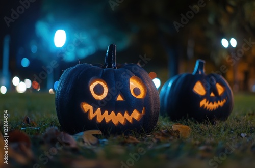 Two pumpkins with glowing eyes and mouths are sitting on the grass photo