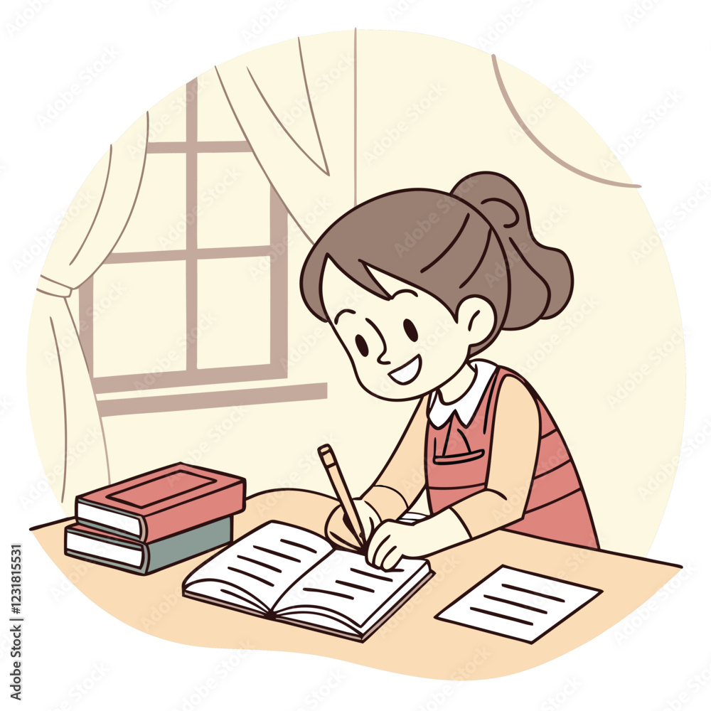 girl makes a homework. Cheerful pupil studying a lesson. girl makes a homework. Cheerful pupil studying a lesson.