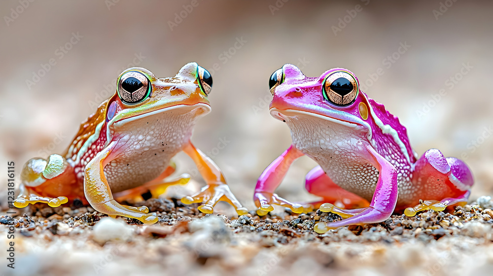 Naklejka premium Two colorful frogs facing each other on ground