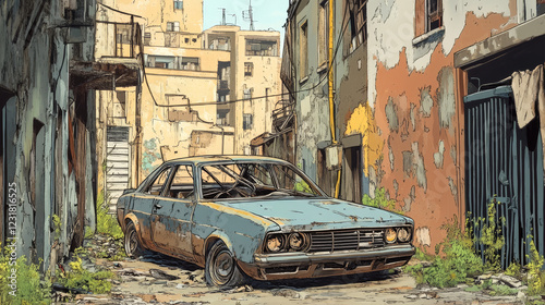 Old abandoned broken car without wheels standing in alley of ghetto neighborhood. Cartoon vector illustration of city poor street area. crime town slum alleyway with buildings and damaged transport.