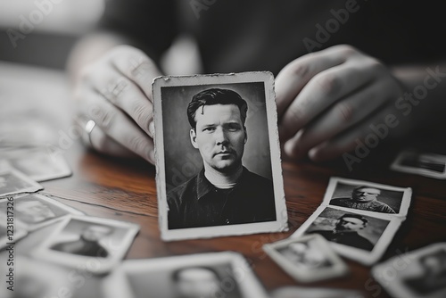 vintage photograph, A man holds an old black-and-white photo, surrounded by vintage portraits, evoking nostalgia and reflection. Faded Identity of the Past