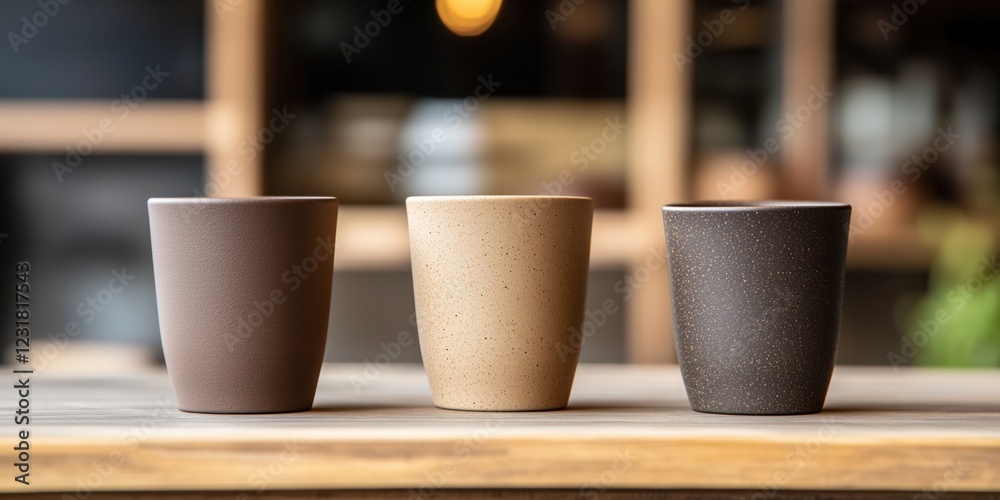 Eco friendly cups for beverages in sustainable cafe setting Eco friendly cups for beverages in sustainable cafe setting