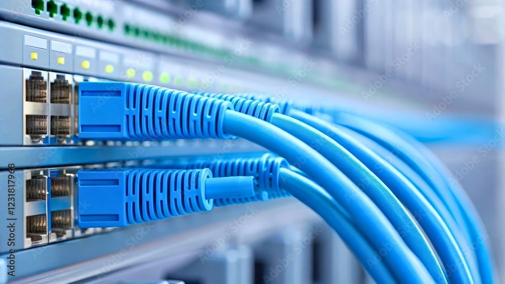 Blue Ethernet Cables Connected to Network Switch in Data Center with Blurry Background Blue Ethernet Cables Connected to Network Switch in Data Center with Blurry Background