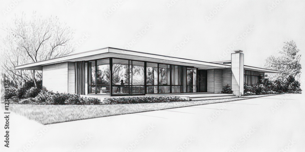 Architectural Drawing of a Modern Ranch Style Home Architectural Drawing of a Modern Ranch Style Home