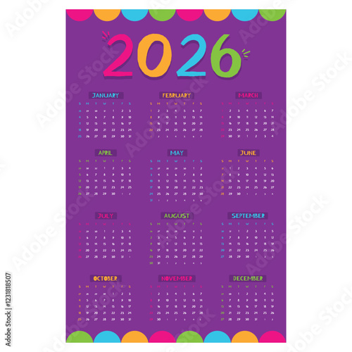 One page 2026 abstract wall calendar, January to December template vector design with vibrant color. Calendar page size 27.7 x 42