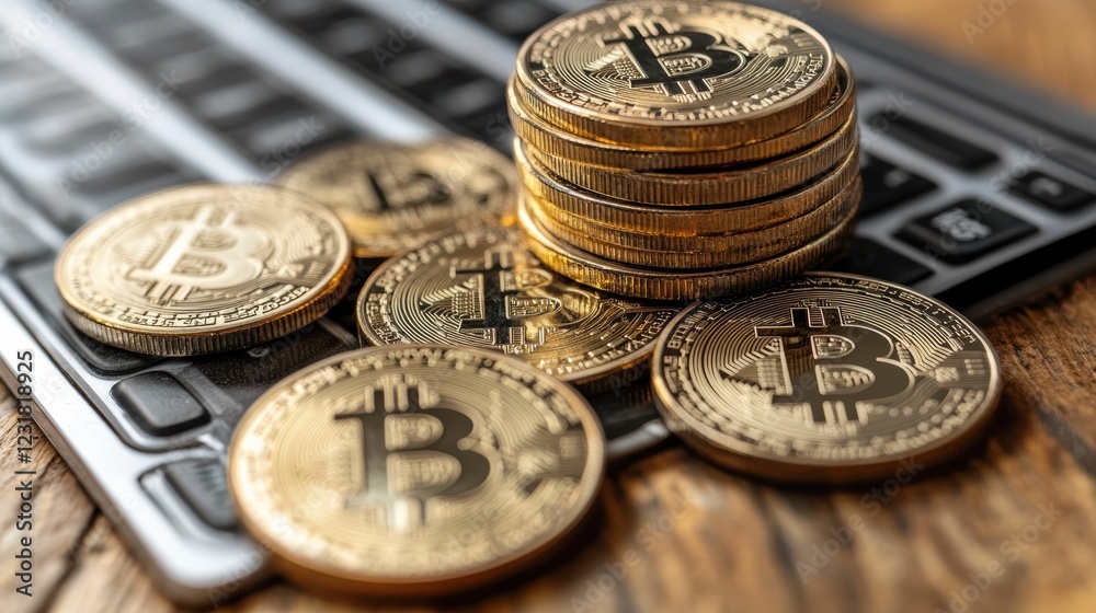 A close-up view of stacked golden Bitcoin coins placed on a calculator, symbolizing cryptocurrency investment and modern finance. A close-up view of stacked golden Bitcoin coins placed on a calculator, symbolizing cryptocurrency investment and modern finance.