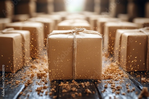 A collection of neatly wrapped cardboard boxes tied with twine, set against a blurred background showcasing a warm ambiance and scattered crumbs. photo