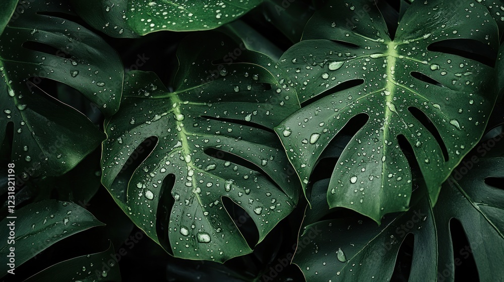 Fototapeta premium Lush green leaves with water droplets.