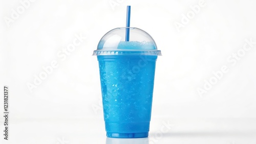 Blue frozen drink in a plastic cup with a straw, perfect for a refreshing moment on a white background