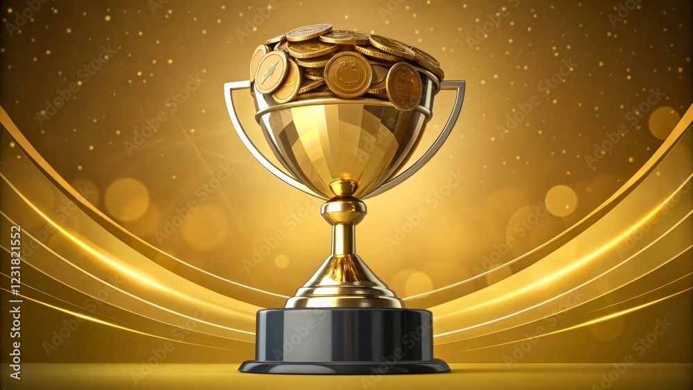 Stunning Golden Trophy with Coins on a Shimmering Background for Achievement Celebration Stunning Golden Trophy with Coins on a Shimmering Background for Achievement Celebration