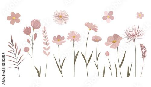 Gentle pink flowers with golden centers. Meadow botanical set for greeting cards. Pastel colored delicate wild flowers.