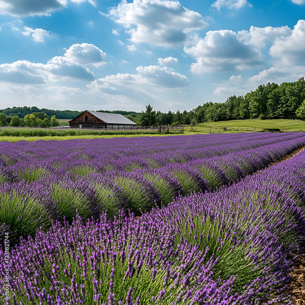 Lavender Field under Sky: Rows of vibrant purple lavender stretch towards the horizon, creating a breathtaking vista under a cloudy sky. In the distance. Lavender Field under Sky: Rows of vibrant purple lavender stretch towards the horizon, creating a breathtaking vista under a cloudy sky. In the distance.