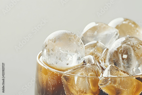 A cold brew coffee with clear ice cubes shaped like spheres, against a minimal background photo