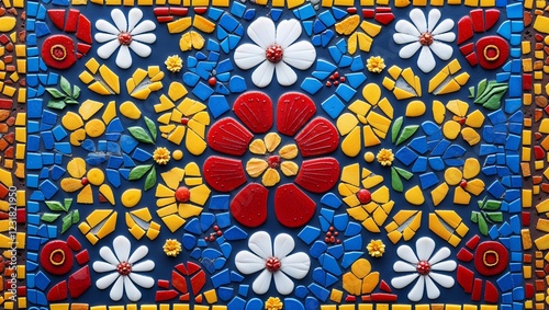Floral mosaic tile art pattern colorful decorative handmade crafts textured close up