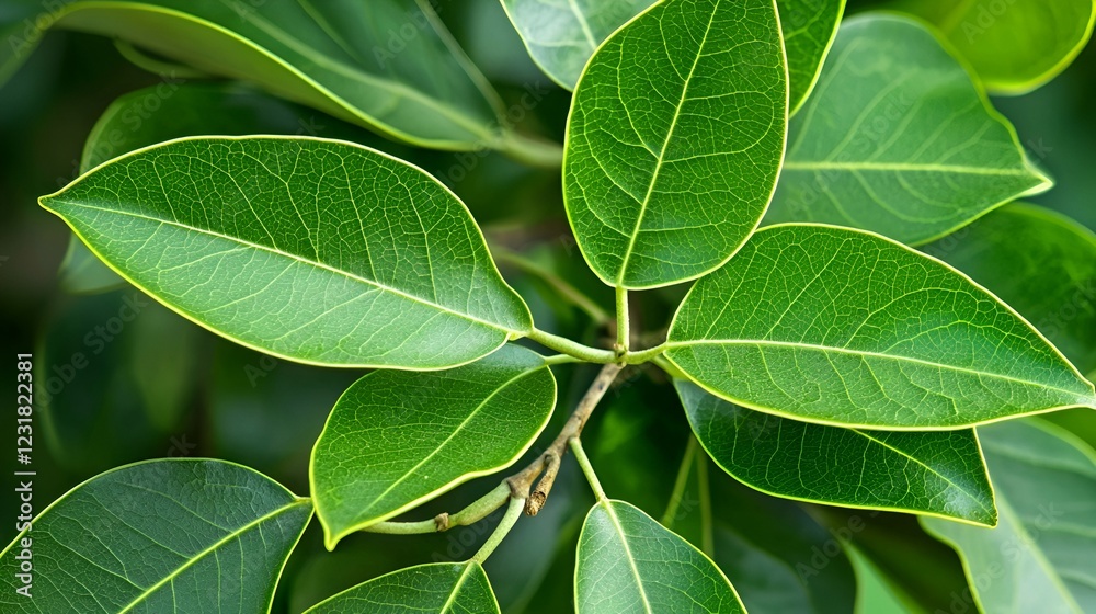 Naklejka premium Lush green leaves, vibrant foliage, sunlight, nature background, botany