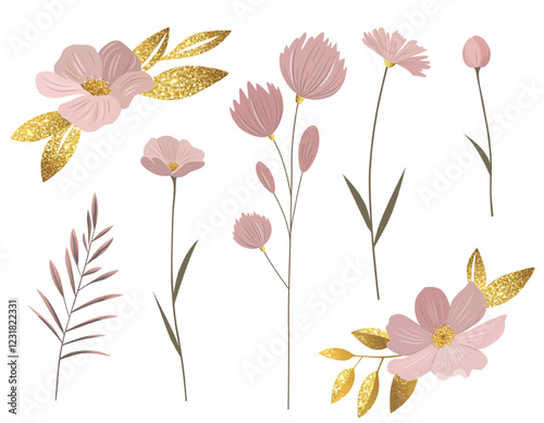 Gentle pink flowers and shining golden leaves. Meadow botanical set for wedding, birthday greeting cards. Pastel colored delicate wild flowers.