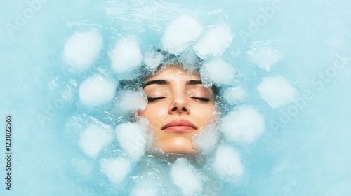 Face submerged in ice water for skincare refreshment